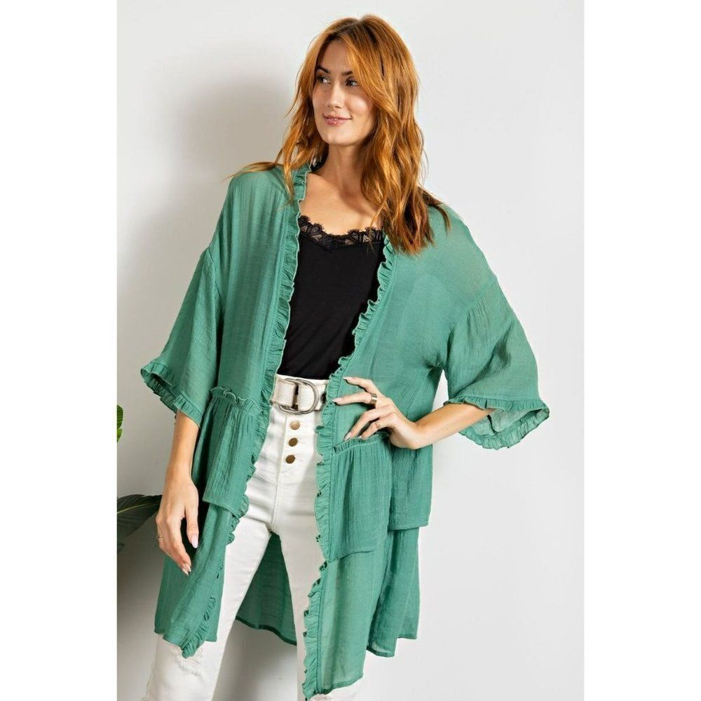 Easel Lightweight Half Sleeve Double Ruffled Open Long Cardigan Wormwood ET3297 - Picture 5 of 5
